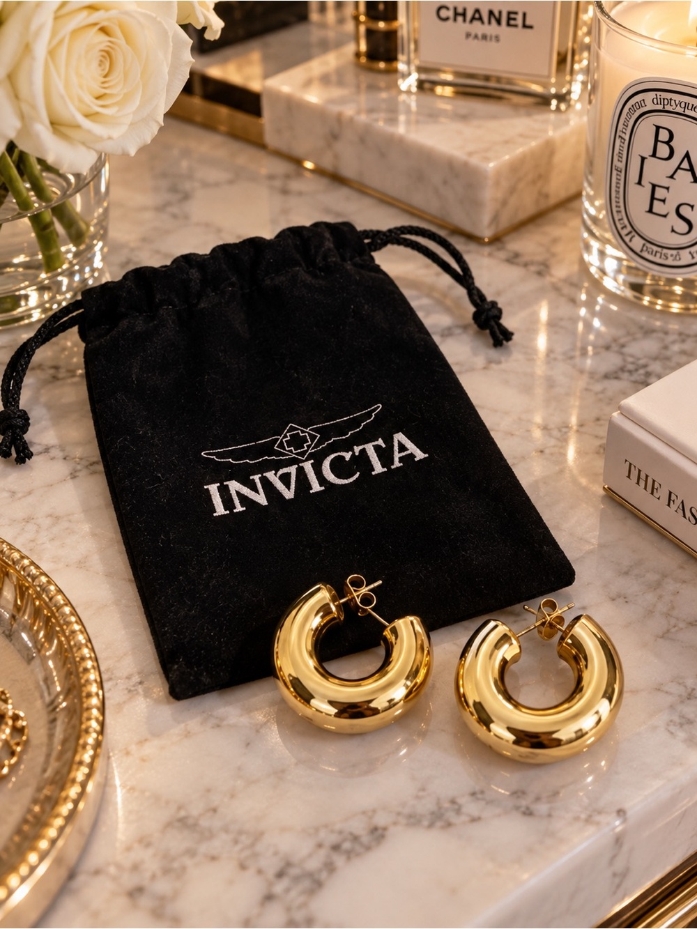 Invicta Chunky Gold Tone Open Hoop Earrings NWT + Pouch